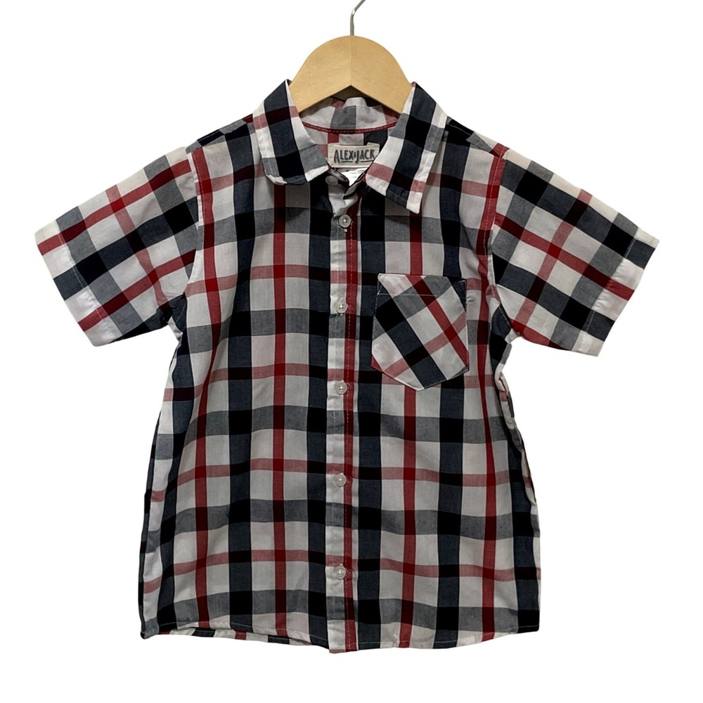 Kids Alex and Jack Plaid Short Sleeve Button Up Shirt‎ Size 7 Red Blue White
